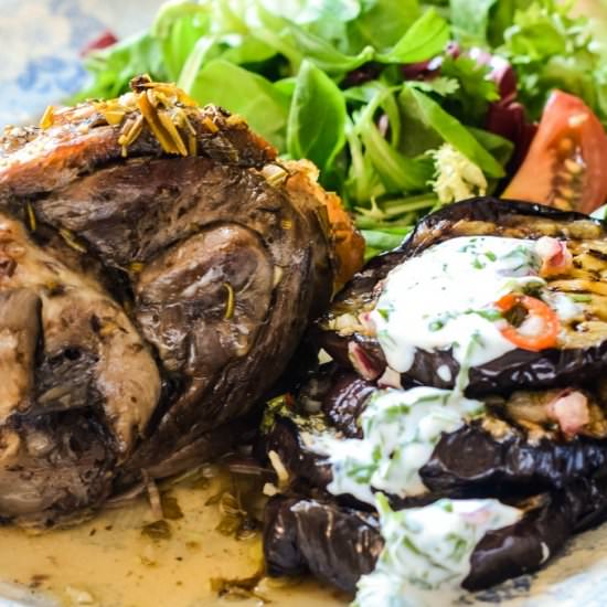 Lamb shanks with aubergine stacks