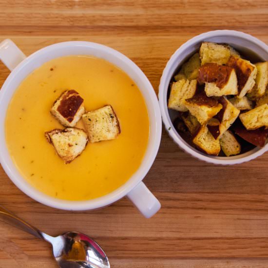 Beer Cheese Soup & Pretzel Croutons