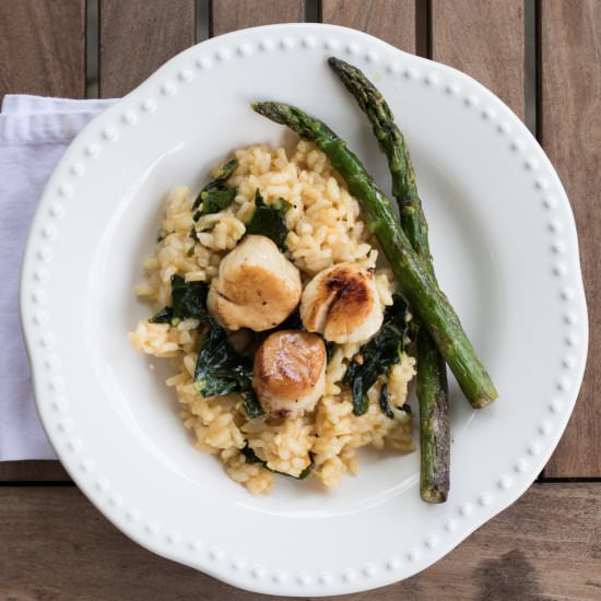Seared Scallops Over Kale Risotto