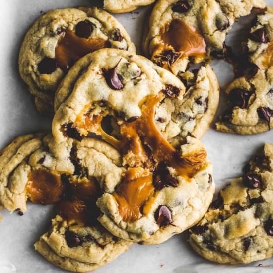Caramel stuffed choc chip cookies