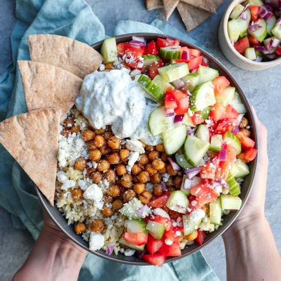 roasted greek chickpea & orzo bowls