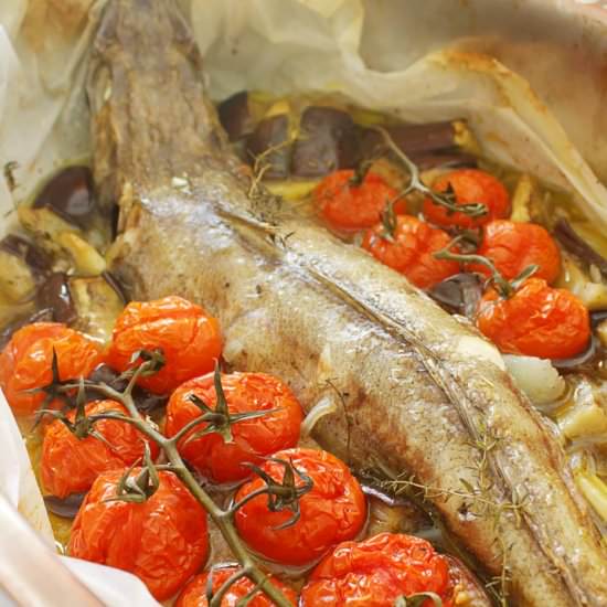 Parchment Baked Cod with Eggplant