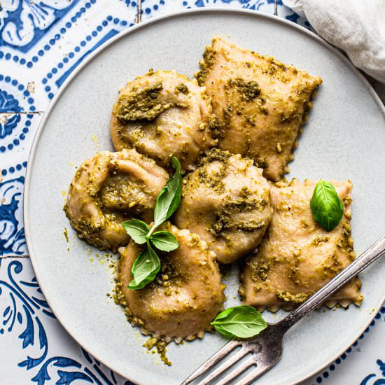 Vegan Mushroom Ravioli with Pesto