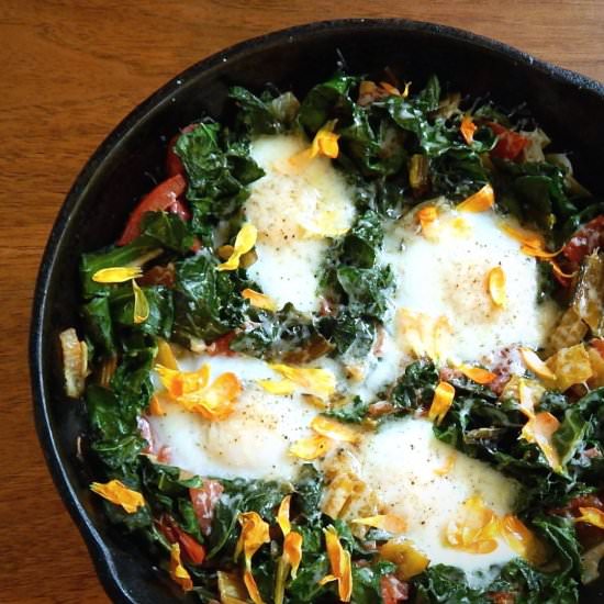 Spring greens baked eggs
