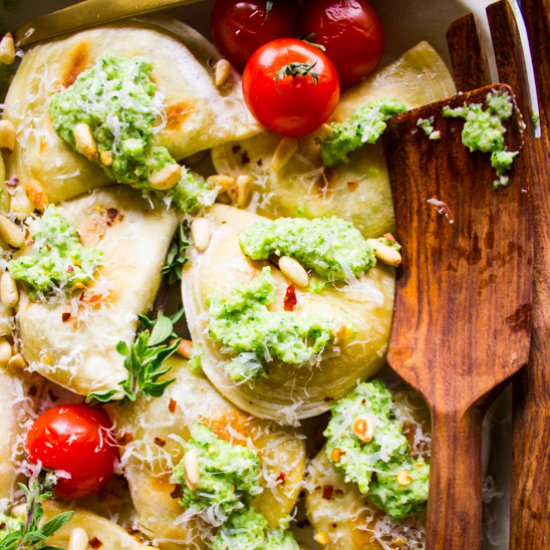 Baked Pierogies With Broccoli Pesto