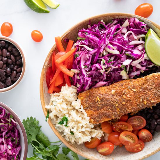 Blackened halibut bowl