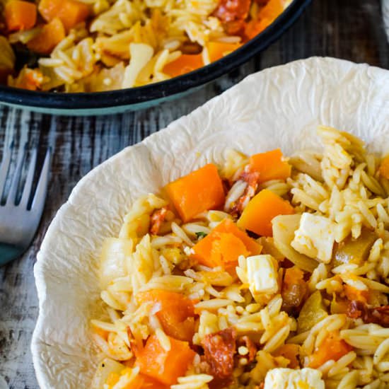 Squash and orzo risotto traybake