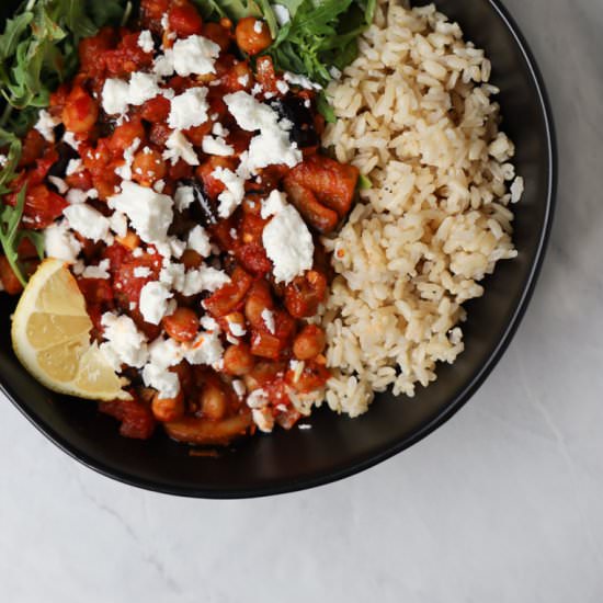 Harissa Chickpea & Eggplant Skillet