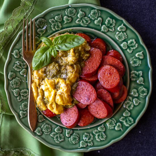 Pesto Scrambled Eggs with Sausage