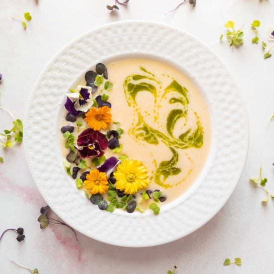 Chilled Peach Soup with Basil Oil