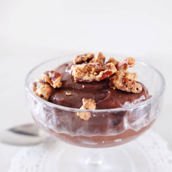 Warm Cocoa Pudding & Candied Pecans