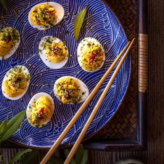 Sriracha Deviled Eggs with Furikake
