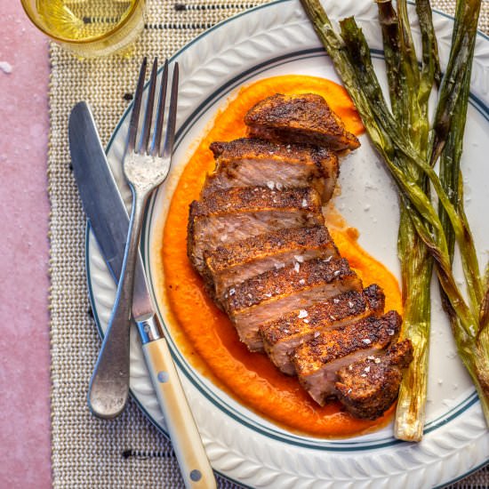 Pork Chops with Romesco & Scallions