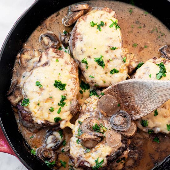EASY CHEESY ONE SKILLET PORK CHOPS