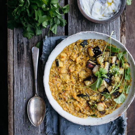 Masoor Dal with Roasted Eggplant