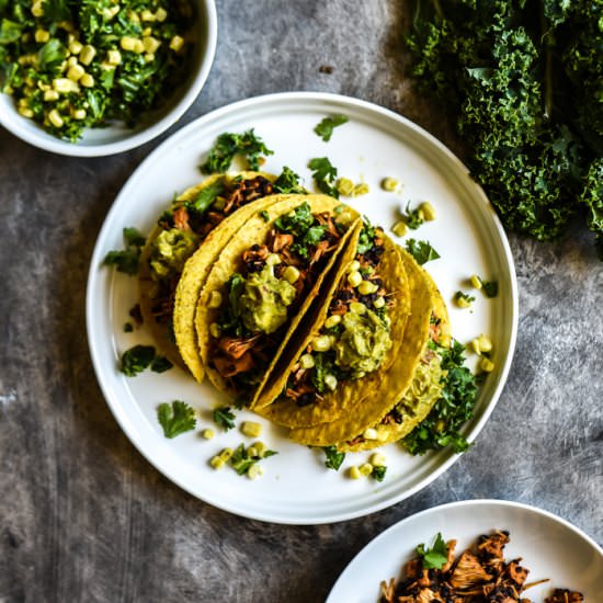 BBQ Jackfruit Tacos + Kale Corn Slaw