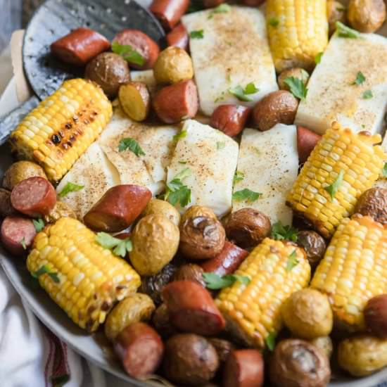 Halibut & Sausage Sheet Pan Dinner
