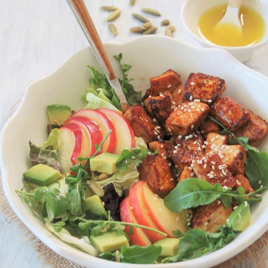 Gochujang Tofu with Peach & Arugula
