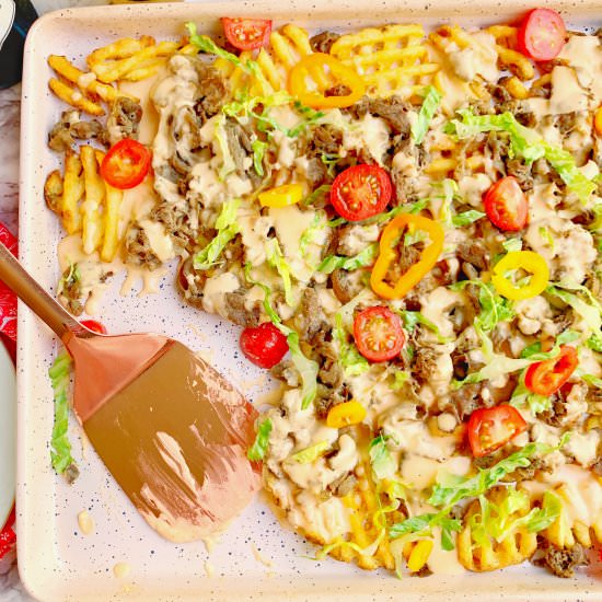 Beer Cheesesteak Waffle Nachos