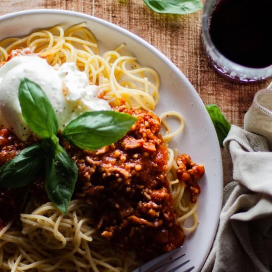 Spaghetti Bolognese with Burrata