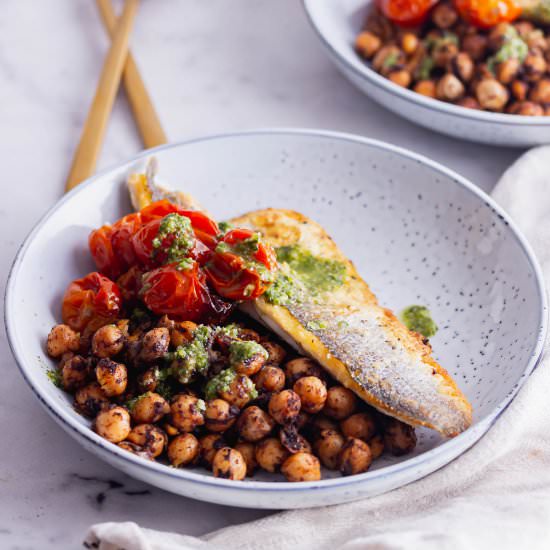Pan Fried Sea Bass w/Spiced Chickpeas