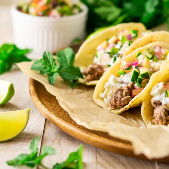 Greek Lamb Tacos & Cucumber Salsa