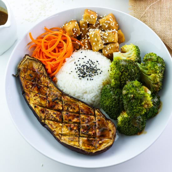 Tofu, Aubergine and Broccoli Bowl
