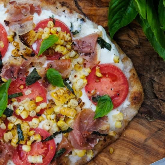 Burrata, Corn & Prosciutto Pizza