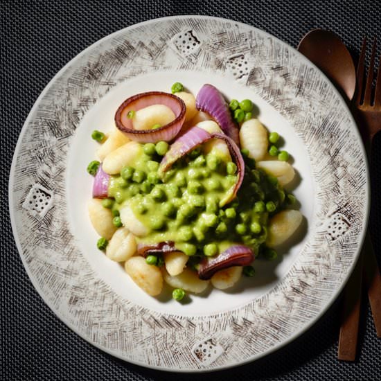 Seared gnocchi with miso peas