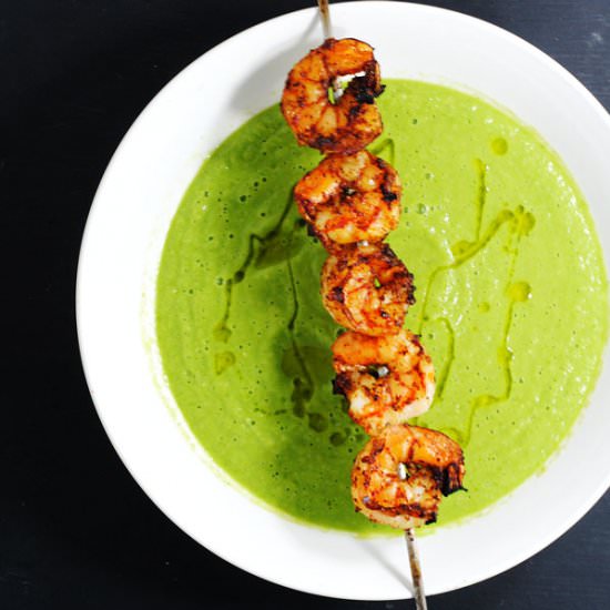 Green gazpacho with grilled shrimp