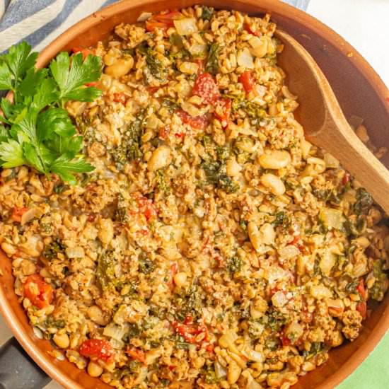 Turkey sausage farro + kale skillet