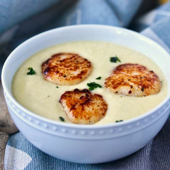 Fresh Corn Soup and Seared Scallops