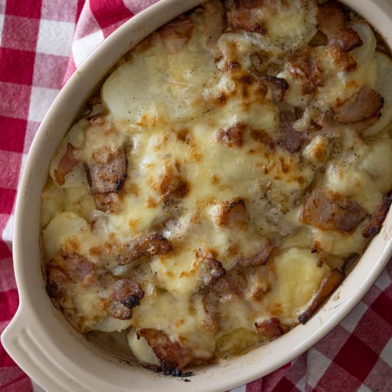 Bacon, Onion, Raclette Potato Grati