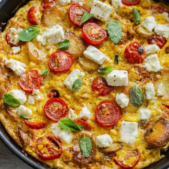Sweetcorn, tomato and feta frittata