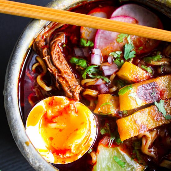 Birria Ramen w/ Quesadilla Strips