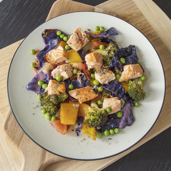 Colorful roasted veggies and salmon
