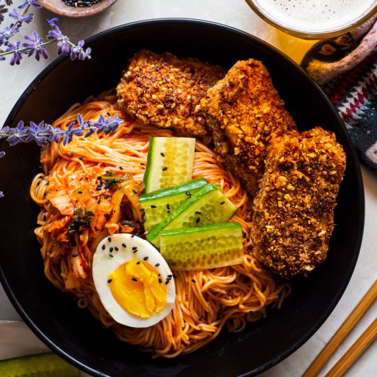 Peanut Tofu w Cold Kimchi Noodles