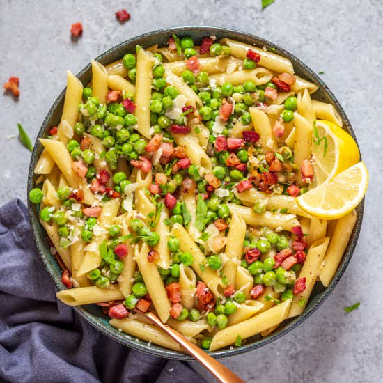 Crispy Pancetta and Sweet Pea Ziti
