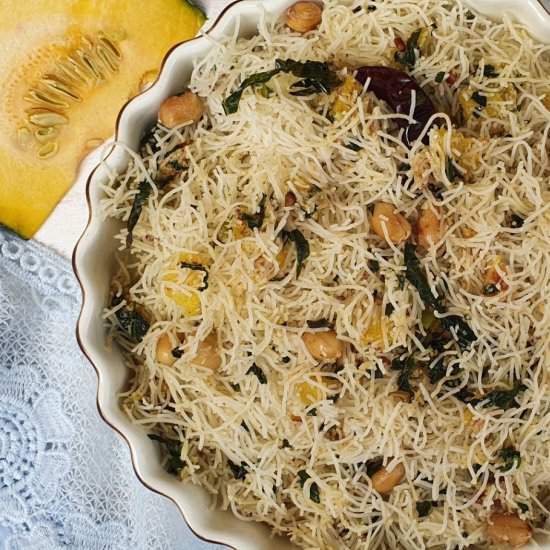 Pumpkin and kale with rice noodles