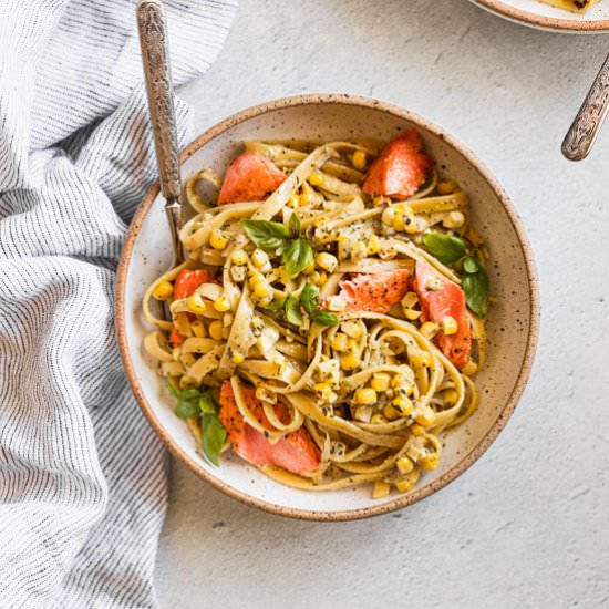 Salmon Pesto Pasta with Corn
