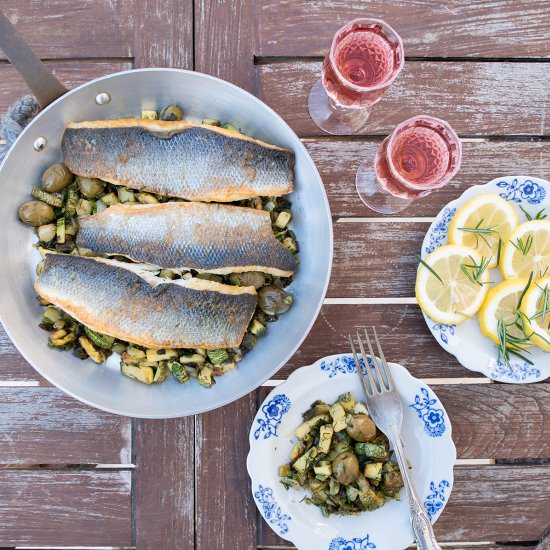 Sea-bass with zucchini and olives