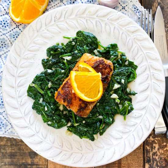 Orange Cod with Sautéed Spinach