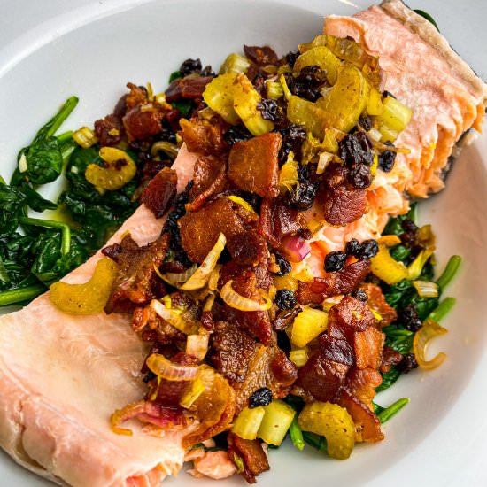 Poached Salmon + Currant and Bacon