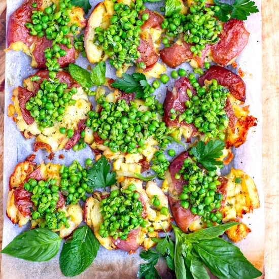 Crispy Smashed Potatoes With Peas