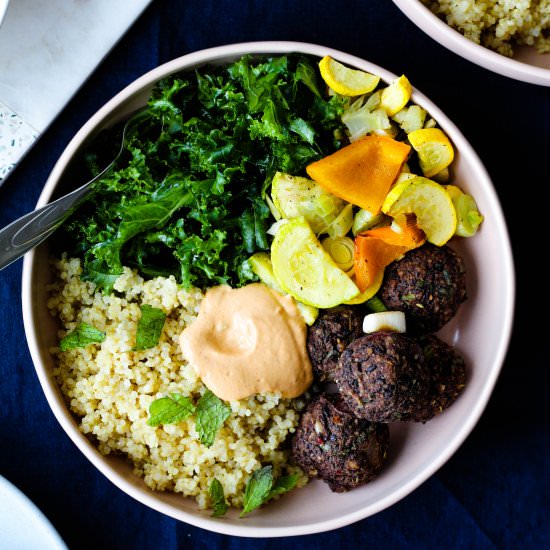 Black Lentil Walnut Meatball Bowls