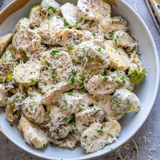 CREAMY GARLIC PARMESAN BRUSSEL SPRO