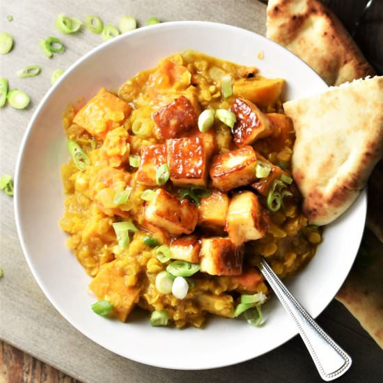 Sweet Potato Dhal with Halloumi