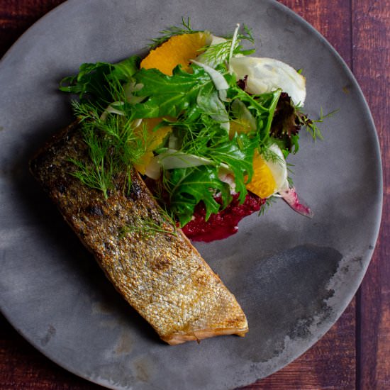 Grilled Salmon & Beetroot Hummus