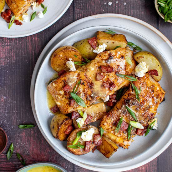 Crispy saffron halibut with chorizo