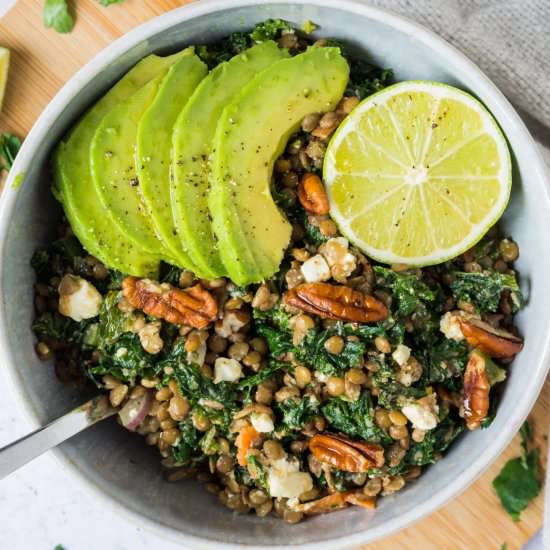 Lentils with Kale, Feta and Avocado